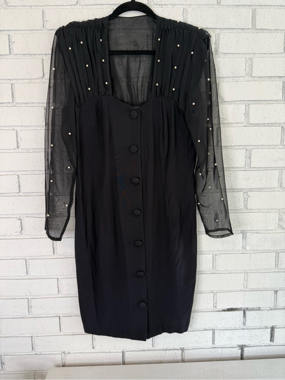 Vintage Hearts Black Pearl Beaded Sheer Sleeve 80’s Party Dress Women’s 11/12